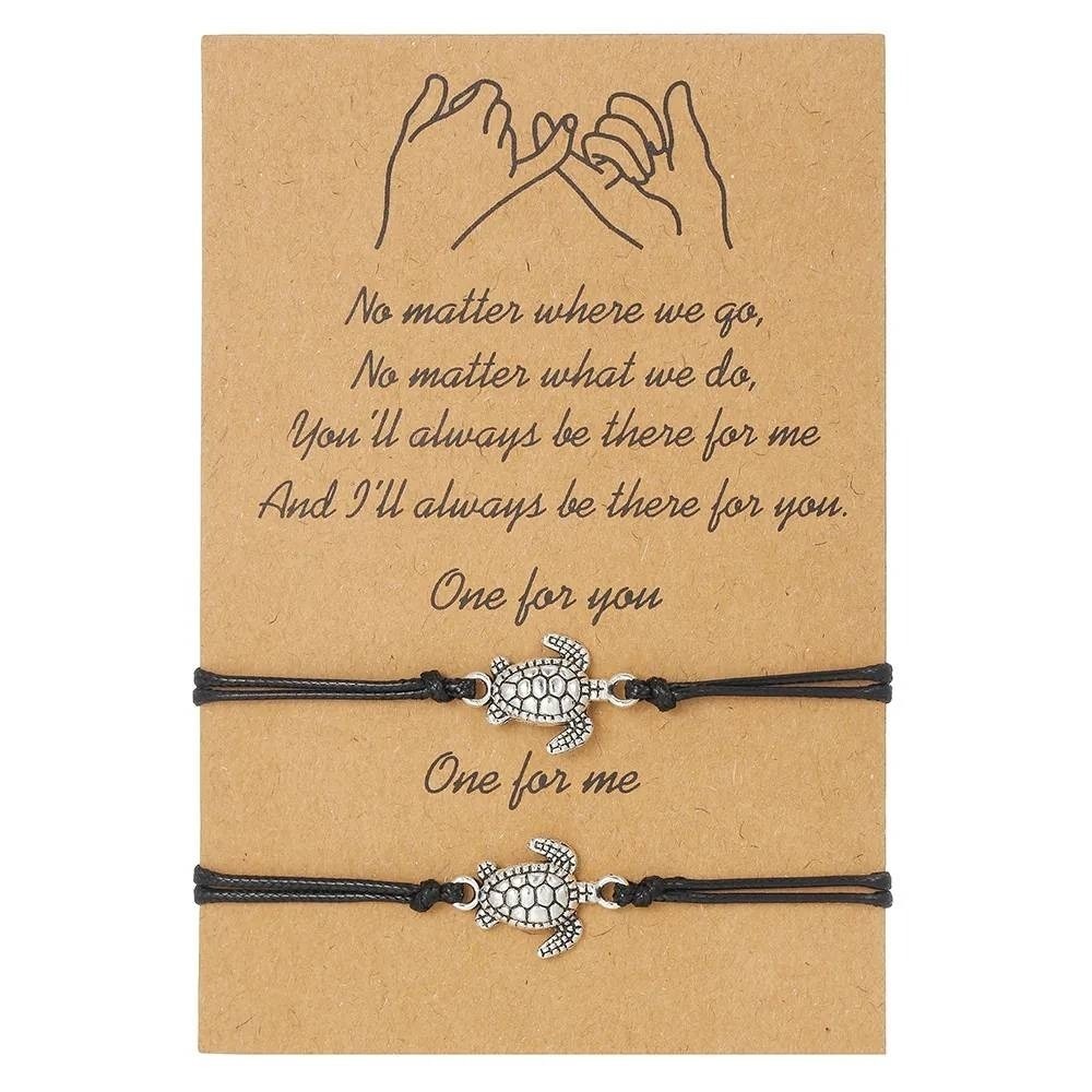 2Pcs Matching Sea Turtle Friendship Bracelets Black Cord Adjustable Pinky Swear